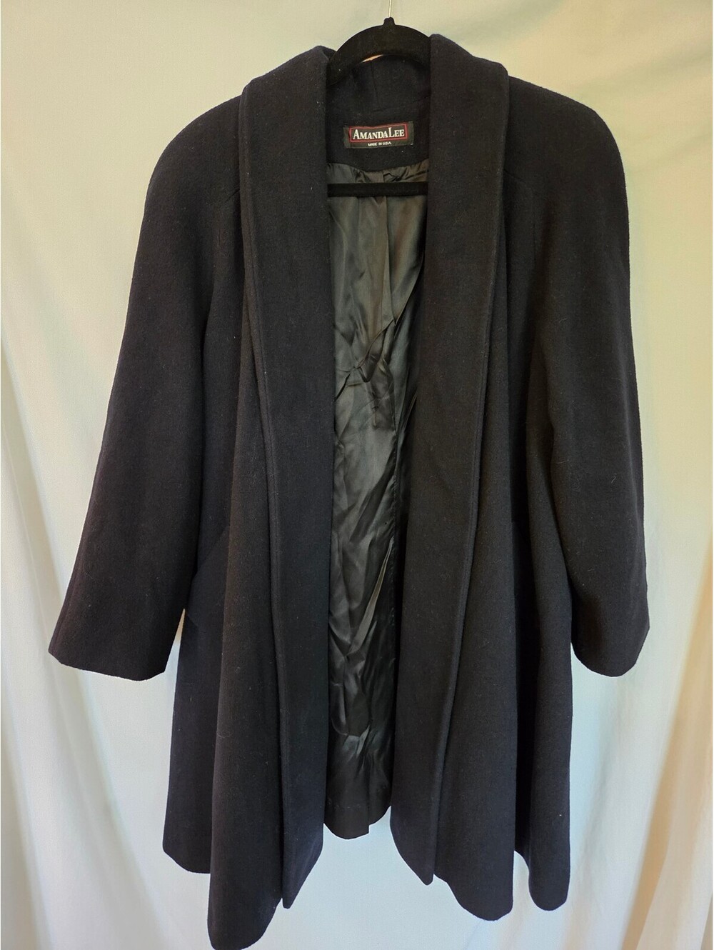 Amanda Lee Vintage Black Wool Blend Long Coat Womens 8 USA Shawl Collar